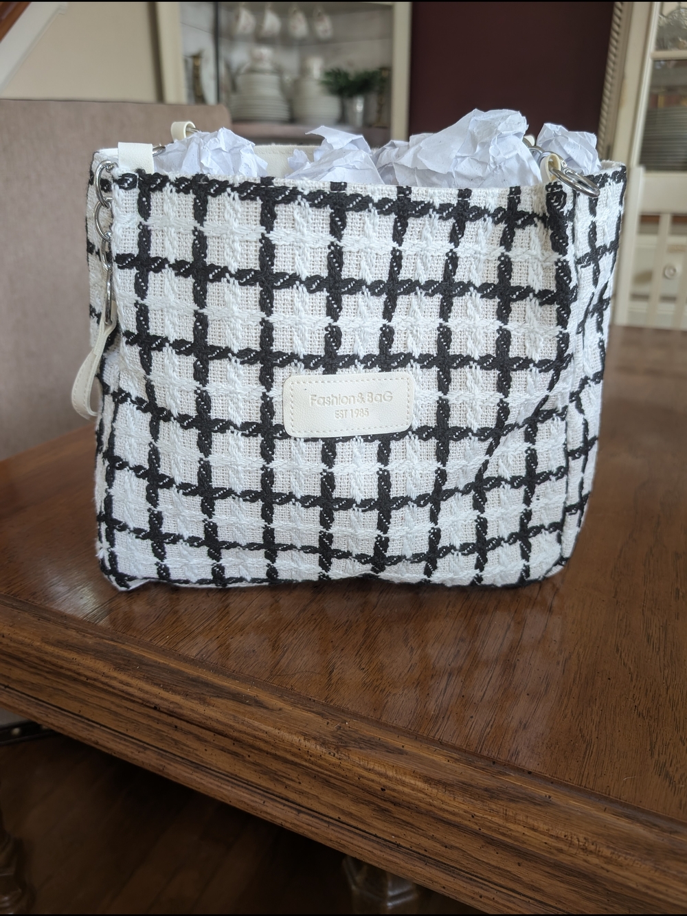 Fashion Bug Black and White Tweed Tote Crossbody